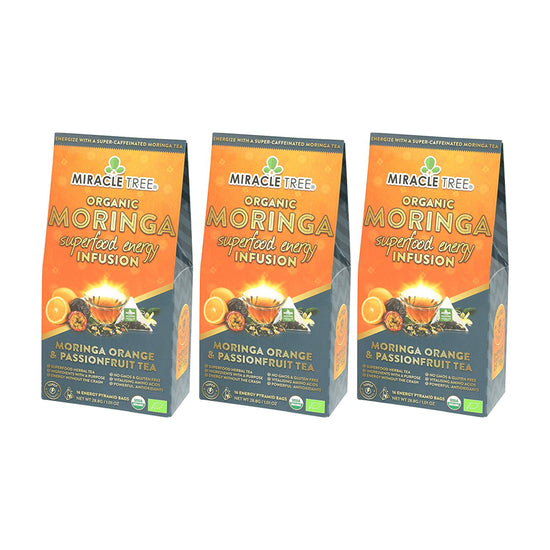 Organic Moringa Energy Tea - Orange Passionfruit - Natural Coffee Alternative - Pack of 3 (48 tea bags) - Front of box