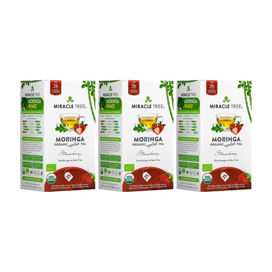 Organic Moringa Tea - Strawberry - Caffeine-Free Herbal Tea - Pack of 3 (75 tea bags) - Front of box