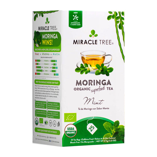 Organic Moringa Tea - Mint - Caffeine-Free Herbal Tea - Front of box