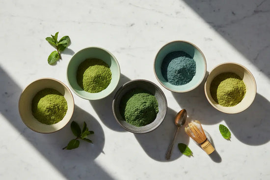 moringa-versus-matcha-versus-kape-versus-spirulina-versus-wheatgrass-superfood-leaves-in-bowls-neatly-placed-on-a-kitchen-counter-aerial-view-ultra-realistic-photography - Miracle Tree