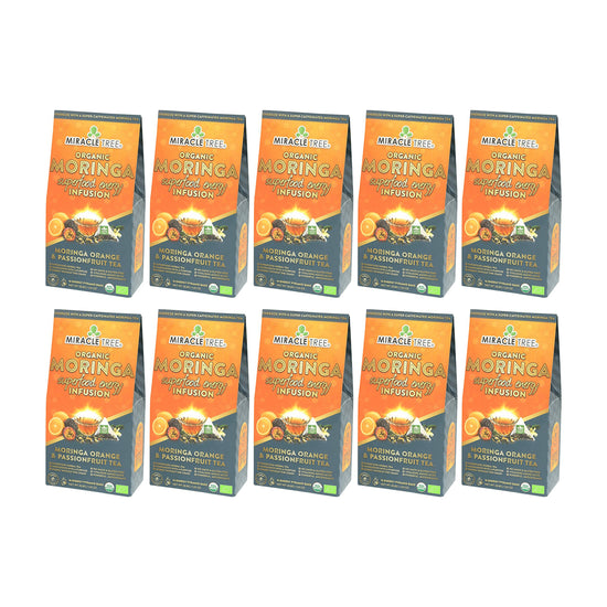 Organic Moringa Energy Tea - Orange Passionfruit - Natural Coffee Alternative - Pack of 10 (160 tea bags) - Front of box