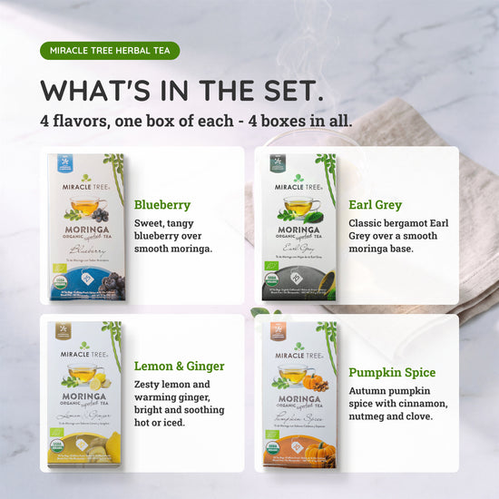 
                    
                      Organic Moringa Tea Bundle - Serenity Set - 4 Flavors - What's in the set
                    
                  