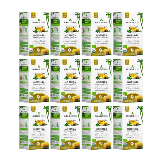 
                    
                      Organic Moringa Tea - Honey & Vanilla - Caffeine-Free Herbal Tea - Pack of 12 (300 tea bags) - Front of box
                    
                  