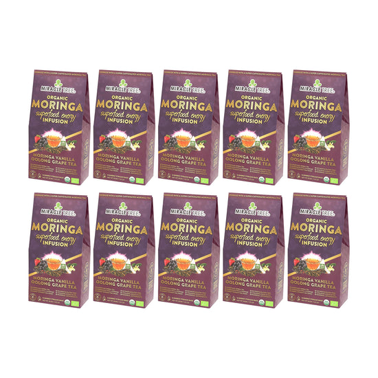 
                    
                      Organic Moringa Energy Tea - Vanilla Oolong Grape - Natural Coffee Alternative - Pack of 10 (160 tea bags) - Front of box
                    
                  