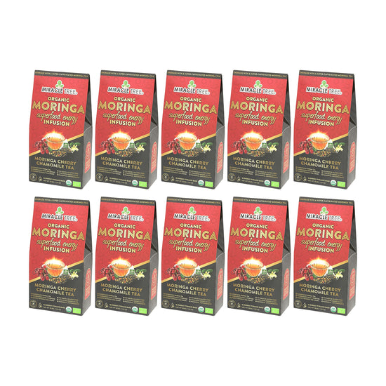 
                    
                      Organic Moringa Energy Tea - Cherry Chamomile - Natural Coffee Alternative - Pack of 10 (160 tea bags) - Front of box
                    
                  