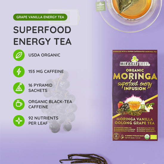 Organic Moringa Energy Tea - Vanilla Oolong Grape - Natural Coffee Alternative - At a glance
