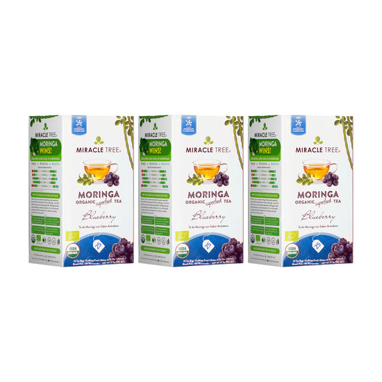 
                    
                      Organic Moringa Tea - Blueberry - Caffeine-Free Herbal Tea - Pack of 3 (75 tea bags) - Front of box
                    
                  