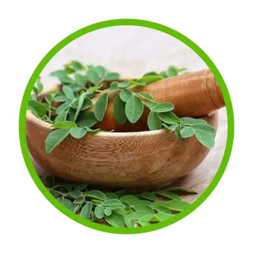 A wooden bowl filled with fresh green leaves and a wooden pestle. A few leaves are scattered outside the bowl. The image is framed with a green circle.