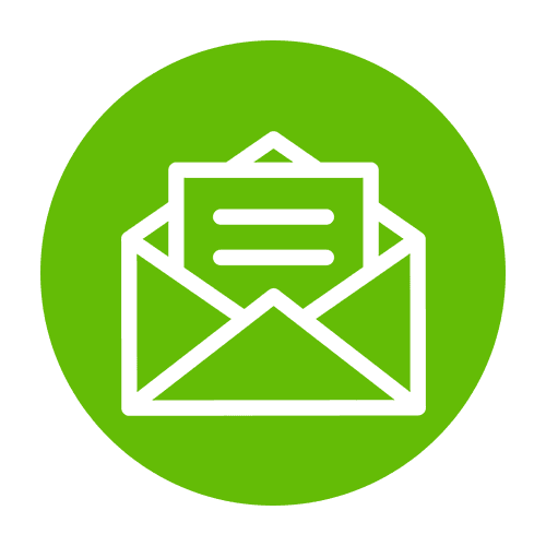 A white icon of an open envelope with a letter inside, featuring horizontal lines, is set against a green circular background.