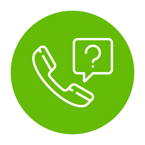 A green circle with a white phone handset icon and a speech bubble containing a question mark.