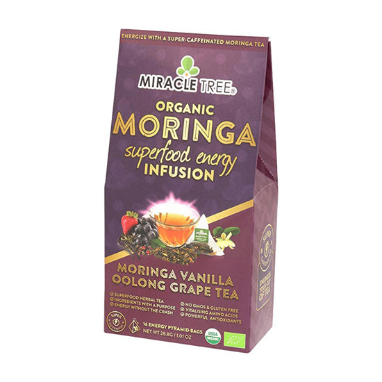 Organic Moringa Energy Tea - Vanilla Oolong Grape - Natural Coffee Alternative - Front of box