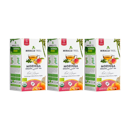 
                    
                      Organic Moringa Tea - Peach & Ginger - Caffeine-Free Herbal Tea - Pack of 3 (75 tea bags) - Front of box
                    
                  