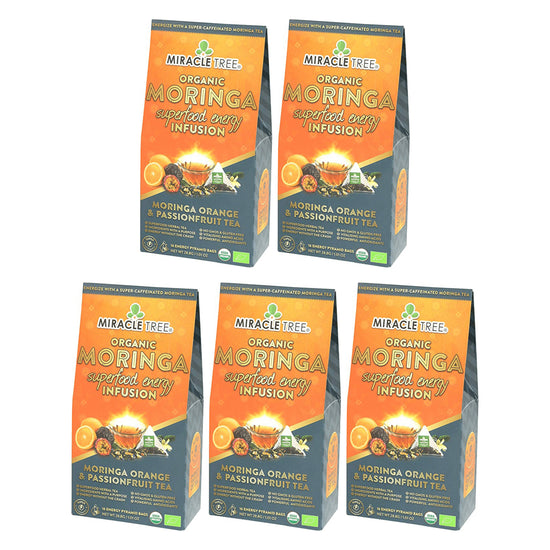 
                    
                      Organic Moringa Energy Tea - Orange Passionfruit - Natural Coffee Alternative - Pack of 5 (80 tea bags) - Front of box
                    
                  