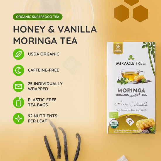 Organic Moringa Tea - Honey & Vanilla - Caffeine-Free Herbal Tea - At a glance