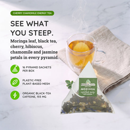 
                    
                      Organic Moringa Energy Tea - Cherry Chamomile - Natural Coffee Alternative - Inside the box
                    
                  
