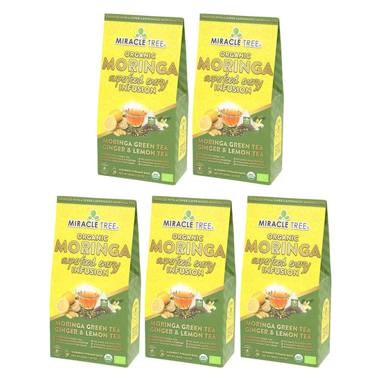 
                    
                      Organic Moringa Energy Tea - Ginger Lemon - Natural Coffee Alternative - Pack of 5 (80 tea bags) - Front of box
                    
                  