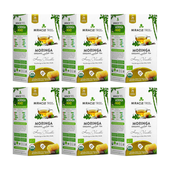 
                    
                      Organic Moringa Tea - Honey & Vanilla - Caffeine-Free Herbal Tea - Pack of 6 (150 tea bags) - Front of box
                    
                  
