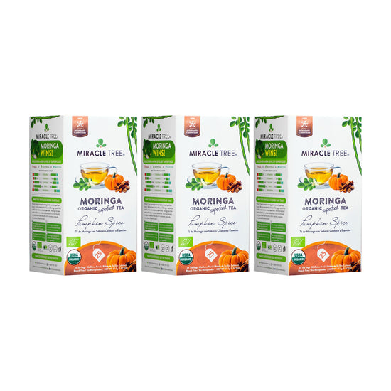 
                    
                      Organic Moringa Tea - Pumpkin Spice - Caffeine-Free Herbal Tea - Pack of 3 (75 tea bags) - Front of box
                    
                  
