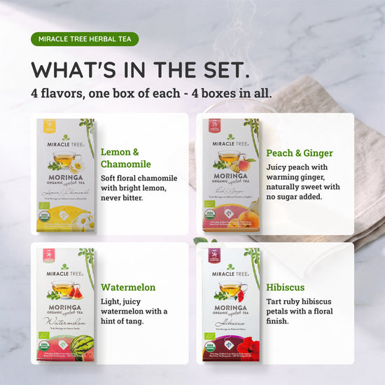 
                    
                      Organic Moringa Tea Bundle - Life Set - 4 Flavors - What's in the set
                    
                  