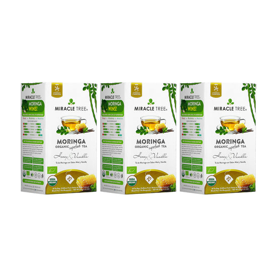 
                    
                      Organic Moringa Tea - Honey & Vanilla - Caffeine-Free Herbal Tea - Pack of 3 (75 tea bags) - Front of box
                    
                  
