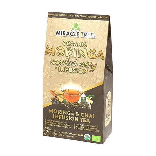 Organic Moringa Energy Tea - Chai - Natural Coffee Alternative - Front of box