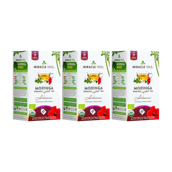 
                    
                      Organic Moringa Tea - Hibiscus - Caffeine-Free Herbal Tea - Pack of 3 (75 tea bags) - Front of box
                    
                  