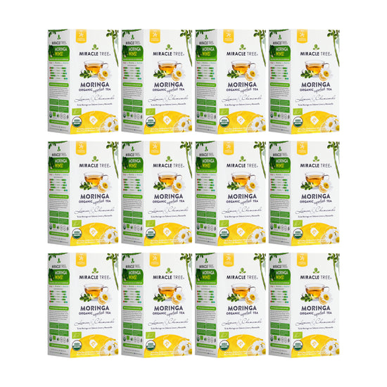 
                    
                      Organic Moringa Tea - Lemon & Chamomile - Caffeine-Free Herbal Tea - Pack of 12 (300 tea bags) - Front of box
                    
                  