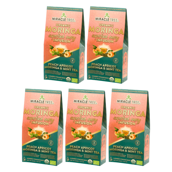 
                    
                      Organic Moringa Energy Tea - Peach Mint Apricot - Natural Coffee Alternative - Pack of 5 (80 tea bags) - Front of box
                    
                  