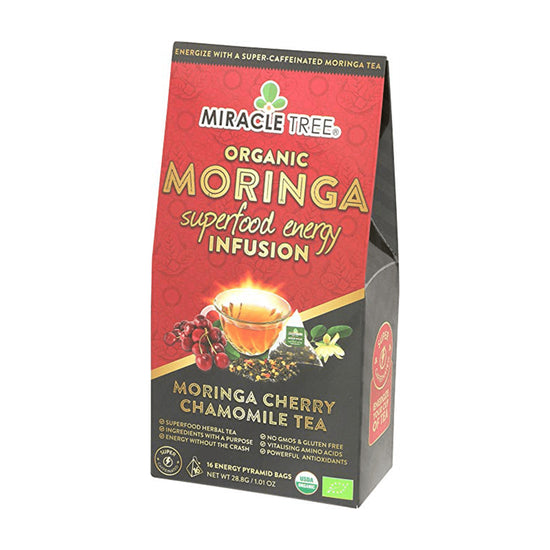 
                    
                      Organic Moringa Energy Tea - Cherry Chamomile - Natural Coffee Alternative - Front of box
                    
                  
