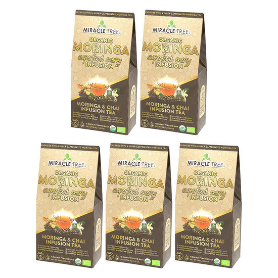 
                    
                      Organic Moringa Energy Tea - Chai - Natural Coffee Alternative - Pack of 5 (80 tea bags) - Front of box
                    
                  