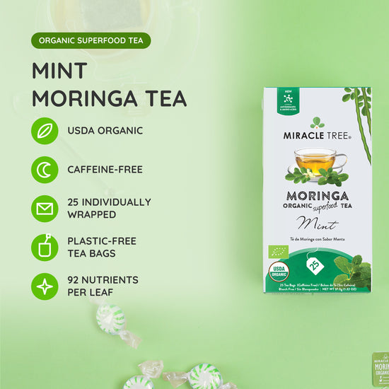 
                    
                      Organic Moringa Tea - Mint - Caffeine-Free Herbal Tea - At a glance
                    
                  