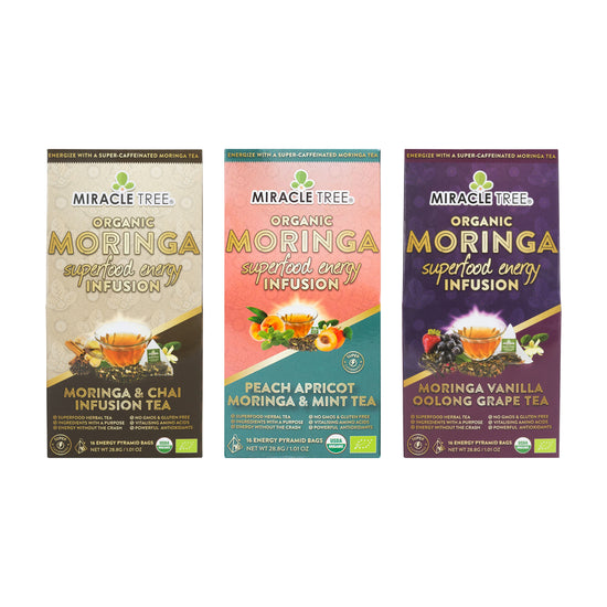 Organic Moringa Energy Tea Bundle - Mighty Set - 3 Flavors - Front of box
