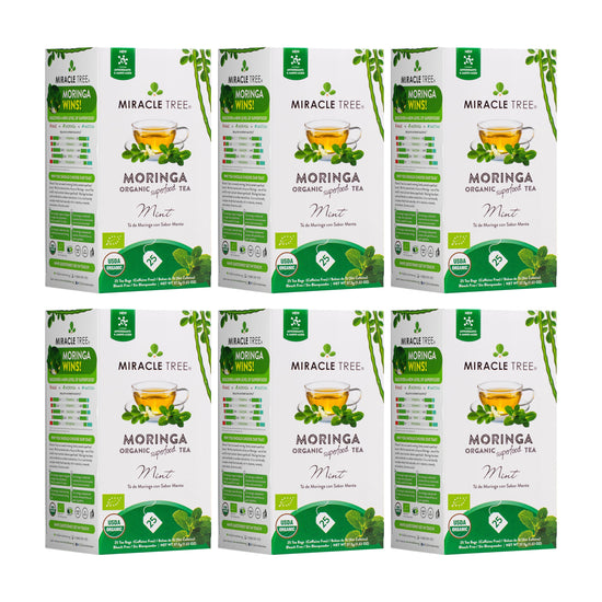 
                    
                      Organic Moringa Tea - Mint - Caffeine-Free Herbal Tea - Pack of 6 (150 tea bags) - Front of box
                    
                  