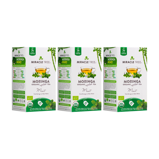
                    
                      Organic Moringa Tea - Mint - Caffeine-Free Herbal Tea - Pack of 3 (75 tea bags) - Front of box
                    
                  