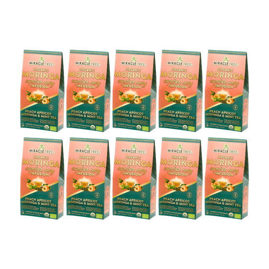 
                    
                      Organic Moringa Energy Tea - Peach Mint Apricot - Natural Coffee Alternative - Pack of 10 (160 tea bags) - Front of box
                    
                  