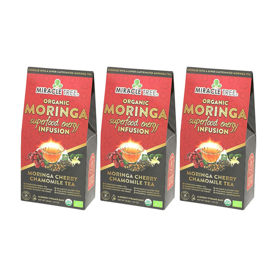 
                    
                      Organic Moringa Energy Tea - Cherry Chamomile - Natural Coffee Alternative - Pack of 3 (48 tea bags) - Front of box
                    
                  