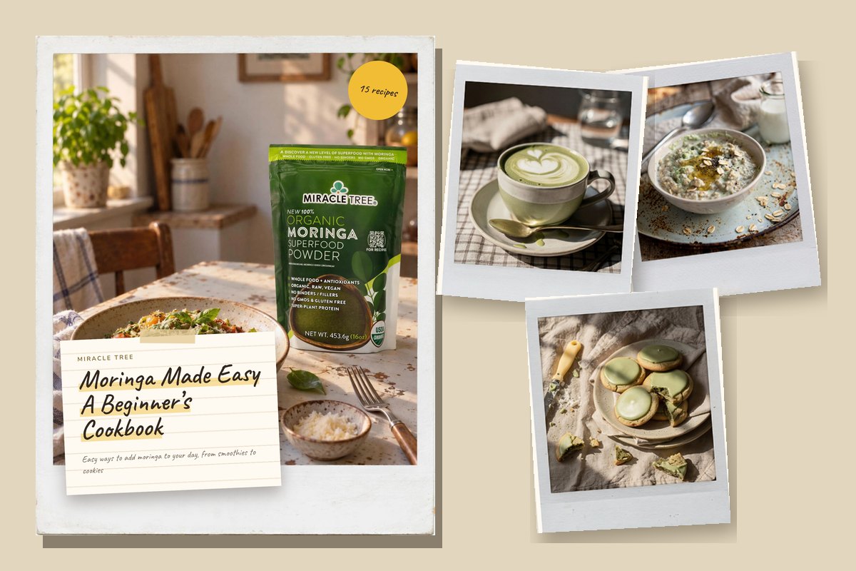 Moringa Made Easy: A Beginner's Cookbook, with recipe cards for a green latte, overnight oats and iced cookies