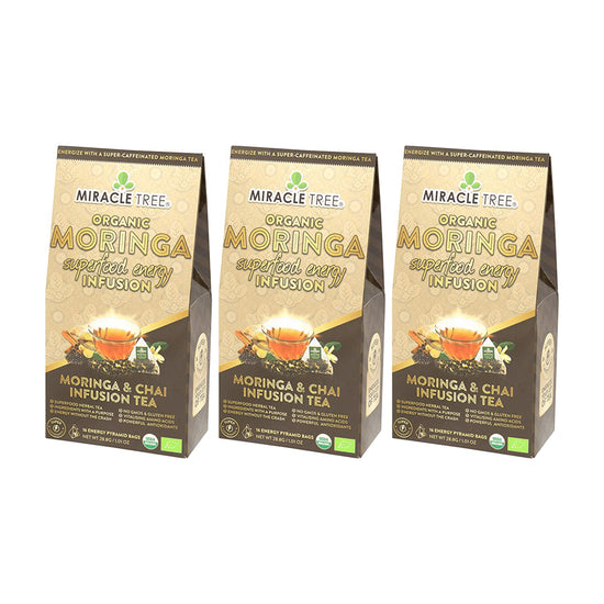 
                    
                      Organic Moringa Energy Tea - Chai - Natural Coffee Alternative - Pack of 3 (48 tea bags) - Front of box
                    
                  