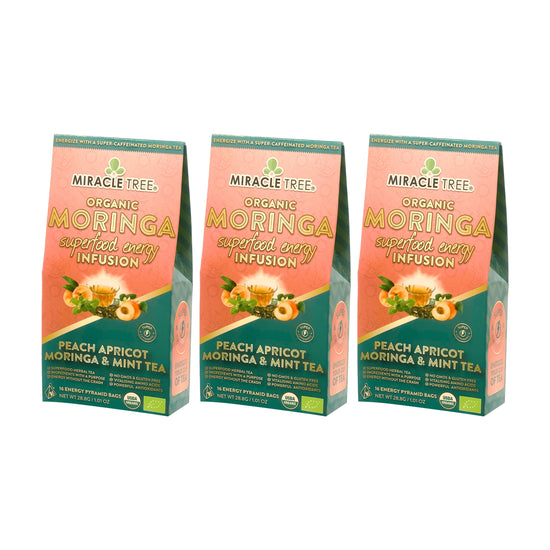 
                    
                      Organic Moringa Energy Tea - Peach Mint Apricot - Natural Coffee Alternative - Pack of 3 (48 tea bags) - Front of box
                    
                  