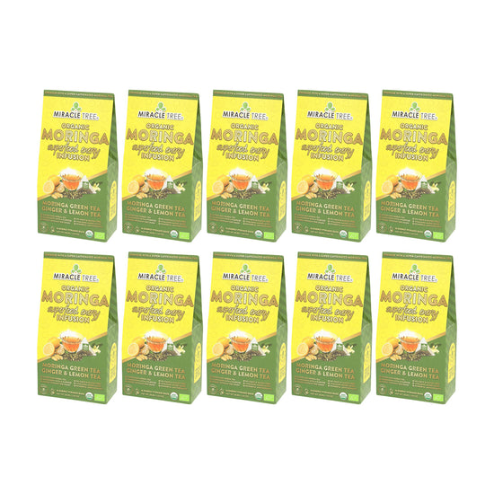 
                    
                      Organic Moringa Energy Tea - Ginger Lemon - Natural Coffee Alternative - Pack of 10 (160 tea bags) - Front of box
                    
                  