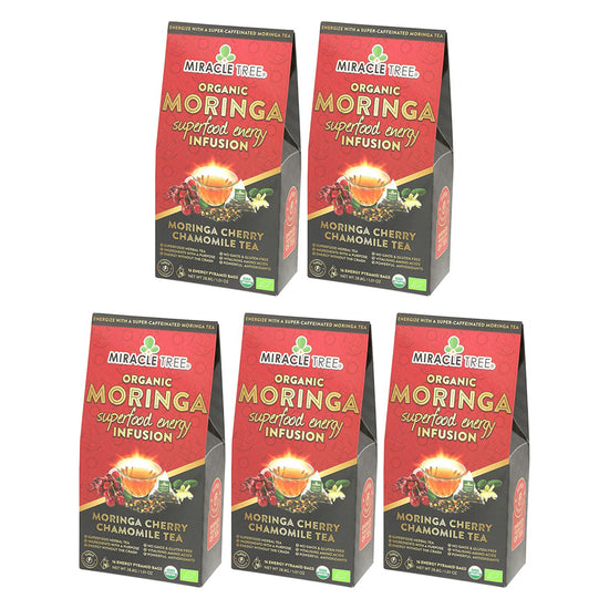 
                    
                      Organic Moringa Energy Tea - Cherry Chamomile - Natural Coffee Alternative - Pack of 5 (80 tea bags) - Front of box
                    
                  