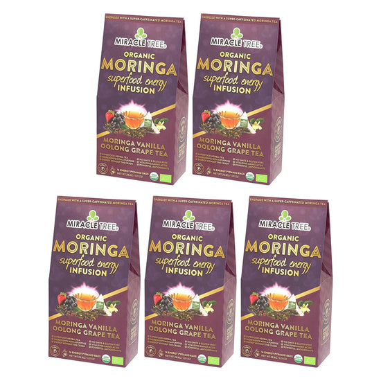 
                    
                      Organic Moringa Energy Tea - Vanilla Oolong Grape - Natural Coffee Alternative - Pack of 5 (80 tea bags) - Front of box
                    
                  