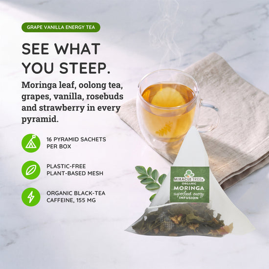 
                    
                      Organic Moringa Energy Tea - Vanilla Oolong Grape - Natural Coffee Alternative - Inside the box
                    
                  