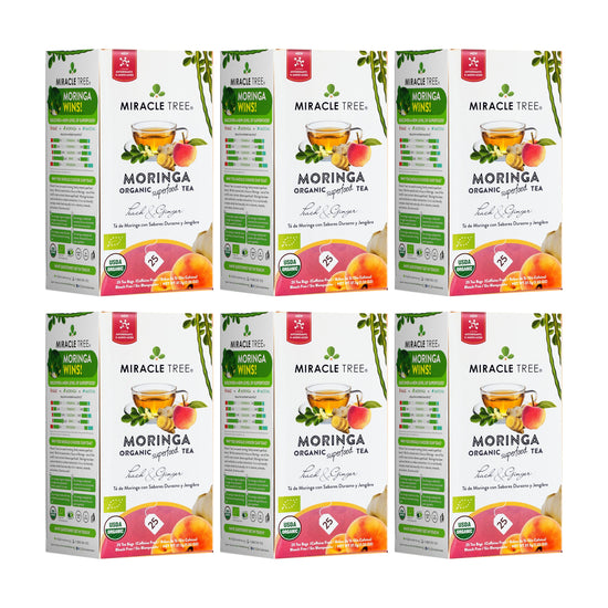 
                    
                      Organic Moringa Tea - Peach & Ginger - Caffeine-Free Herbal Tea - Pack of 6 (150 tea bags) - Front of box
                    
                  