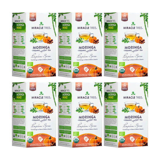
                    
                      Organic Moringa Tea - Pumpkin Spice - Caffeine-Free Herbal Tea - Pack of 6 (150 tea bags) - Front of box
                    
                  