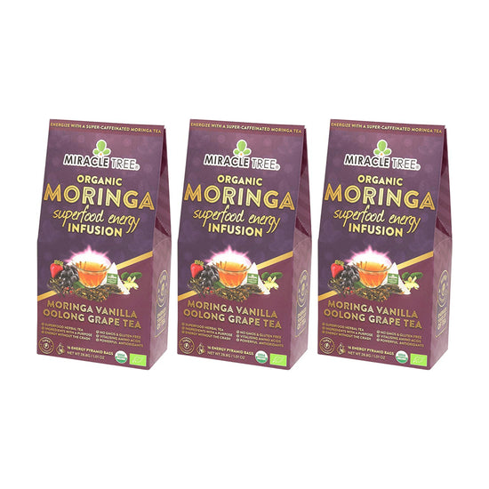 
                    
                      Organic Moringa Energy Tea - Vanilla Oolong Grape - Natural Coffee Alternative - Pack of 3 (48 tea bags) - Front of box
                    
                  